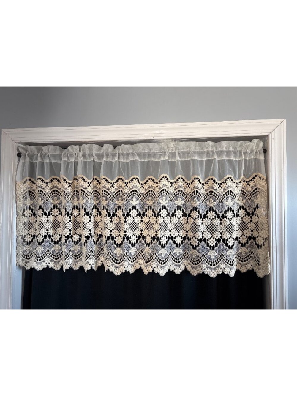 Crochet Lace Kitchen Valance 60"W x 21"L Floral Scalloped Curtain Panel Ivory
